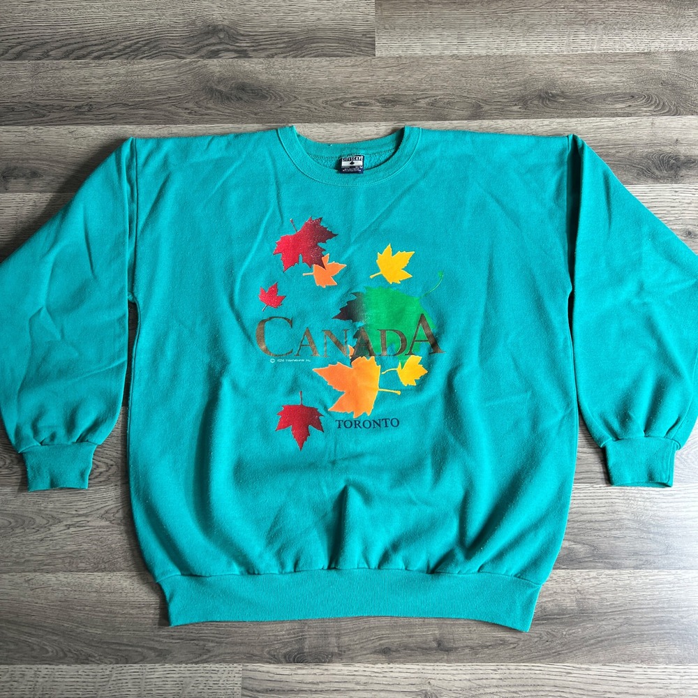 VTG Toronto Canada Sweatshirt Mens Medium 1990s Maple Leaf Vacation Teal‎